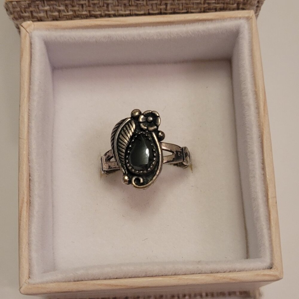 Black Hematite Stone Sterling Silver Vintage Ring Squash Blossom by Wheeler